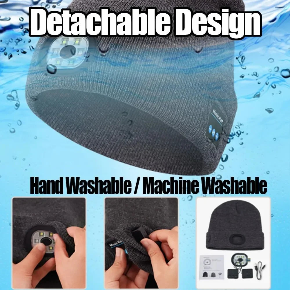3-In-1 Function Bluetooth Beanie, Bluetooth Beanie with Light, Unisex 6 LED USB Rechargeable with Cordless Headphones Beanie
