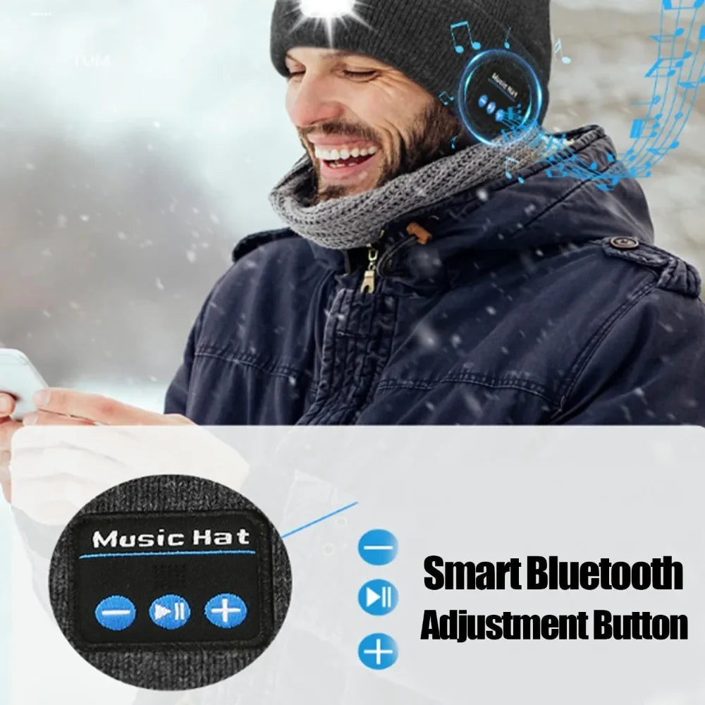 3-In-1 Function Bluetooth Beanie, Bluetooth Beanie with Light, Unisex 6 LED USB Rechargeable with Cordless Headphones Beanie